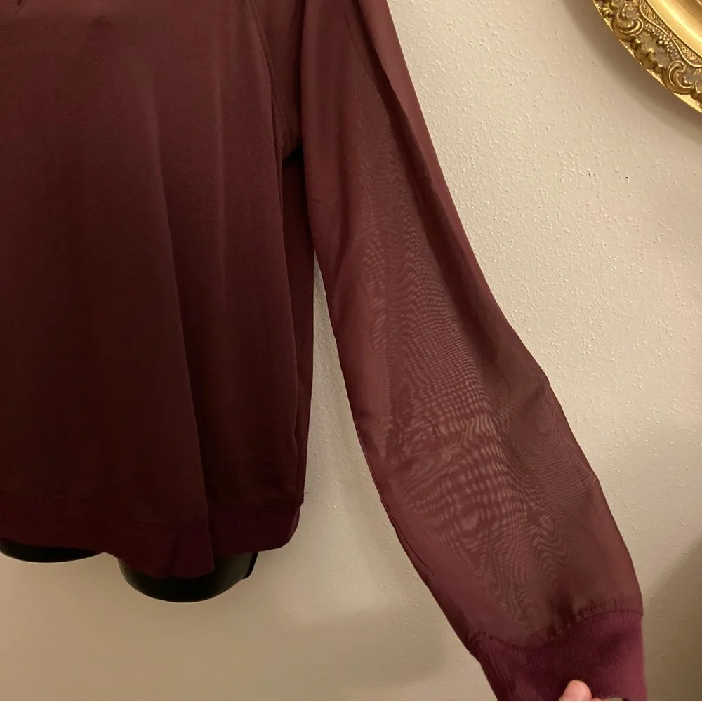 Attention Burgundy Sheer Long Sleeve Sweater Womens Minimalist Fall Top Large